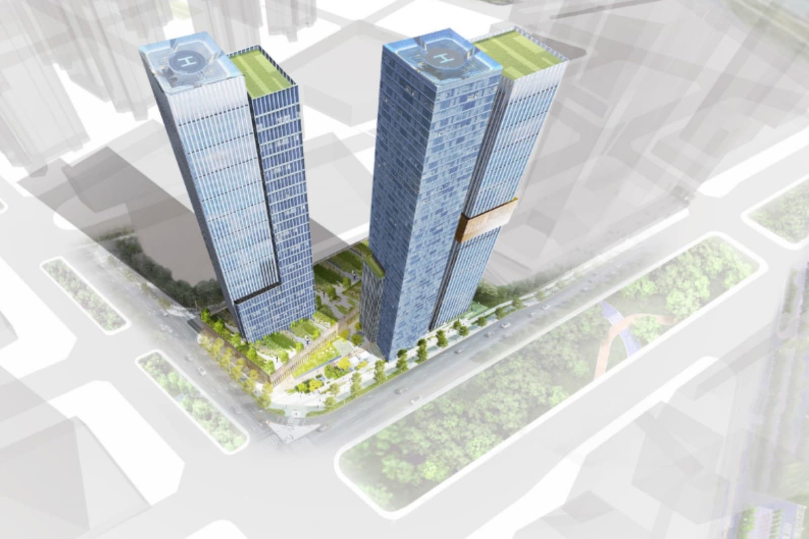 Architectural render of SparkPlex: two towers on a landscaped podium at a Songdo street corner, the waterfront beyond